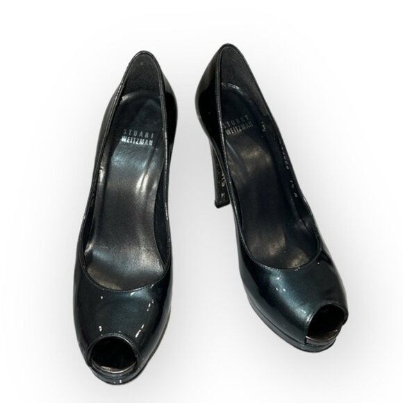 STUART Weitzman Shiny Gray peep toe platform evening prom high heels size 7.5 M - Picture 2 of 16